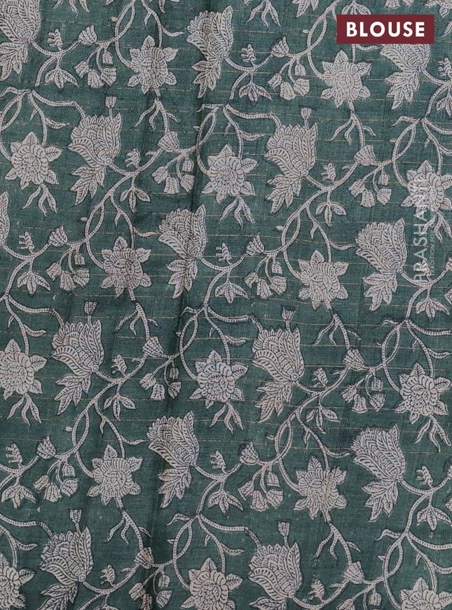 Pure tussar silk saree peacock blue and dark green with allover zari checked pattern and kalamkari printed border