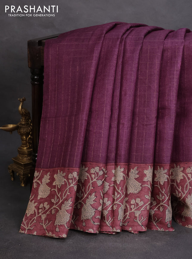 Pure tussar silk saree purple and maroon with allover zari checked pattern and kalamkari printed border
