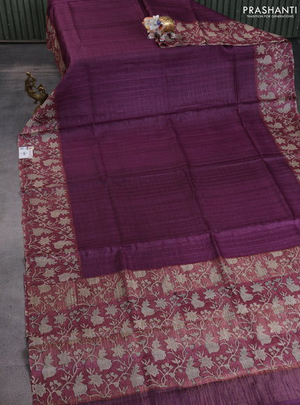 Pure tussar silk saree purple and maroon with allover zari checked pattern and kalamkari printed border