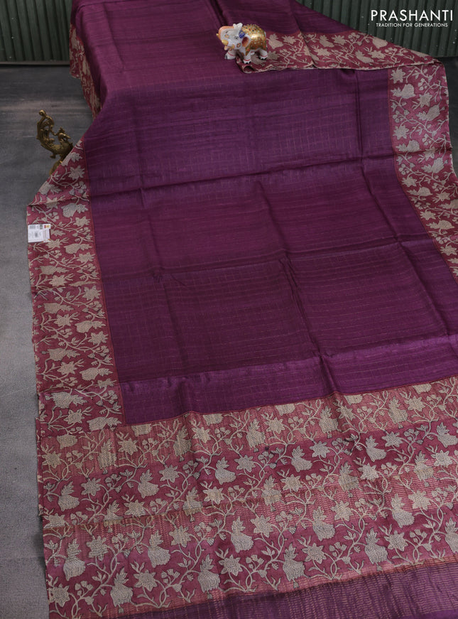 Pure tussar silk saree purple and maroon with allover zari checked pattern and kalamkari printed border