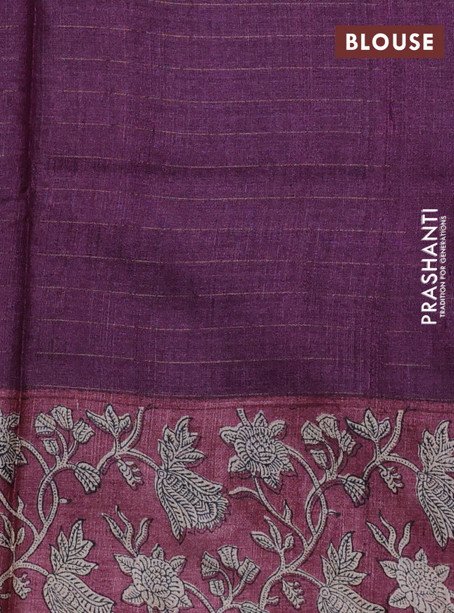 Pure tussar silk saree purple and maroon with allover zari checked pattern and kalamkari printed border