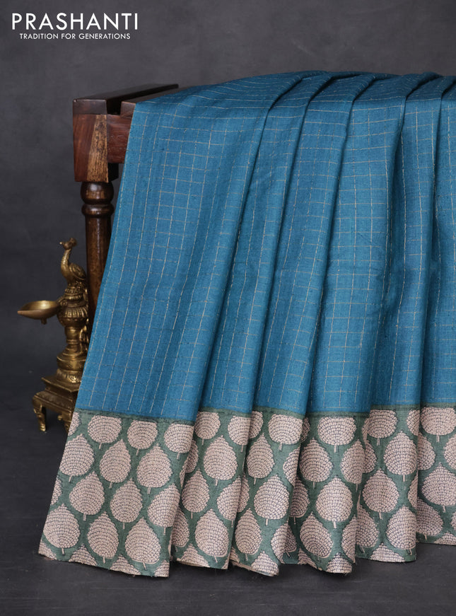 Pure tussar silk saree peacock blue and green shade with allover zari checked pattern and printed butta border