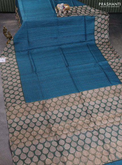 Pure tussar silk saree peacock blue and green shade with allover zari checked pattern and printed butta border