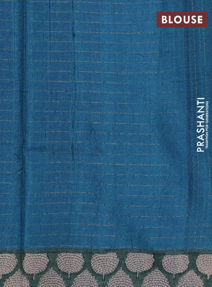 Pure tussar silk saree peacock blue and green shade with allover zari checked pattern and printed butta border