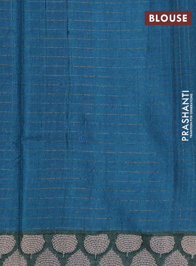 Pure tussar silk saree peacock blue and green shade with allover zari checked pattern and printed butta border