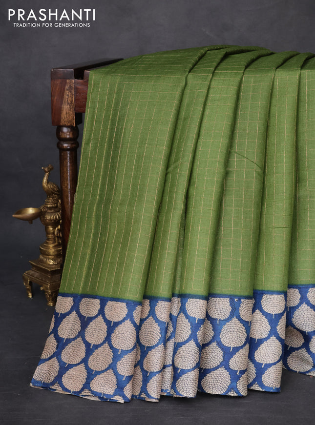 Pure tussar silk saree green and blue with allover zari checked pattern and printed butta border