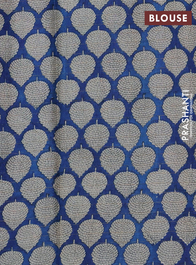 Pure tussar silk saree green and blue with allover zari checked pattern and printed butta border