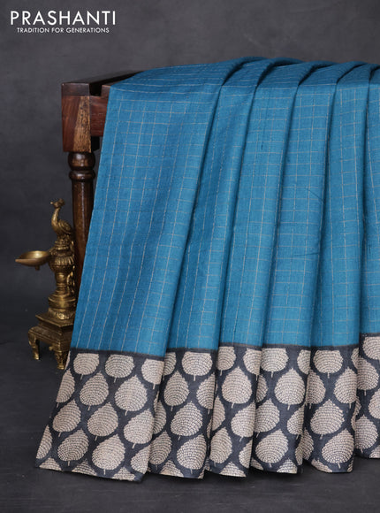 Pure tussar silk saree blue and black with allover zari checked pattern and printed butta border