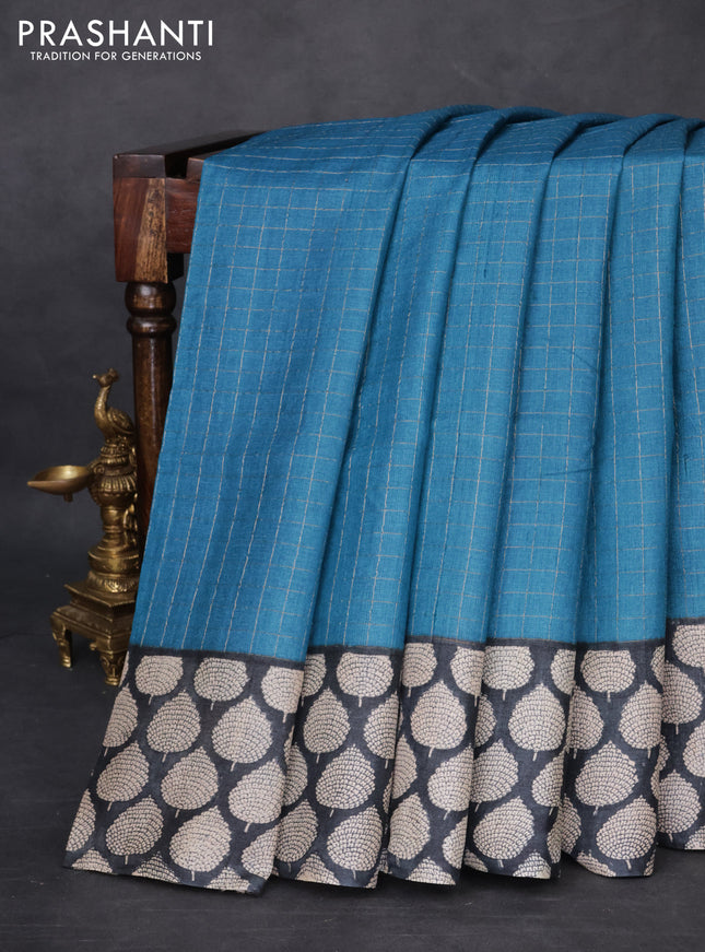Pure tussar silk saree blue and black with allover zari checked pattern and printed butta border