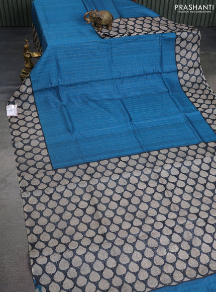Pure tussar silk saree blue and black with allover zari checked pattern and printed butta border