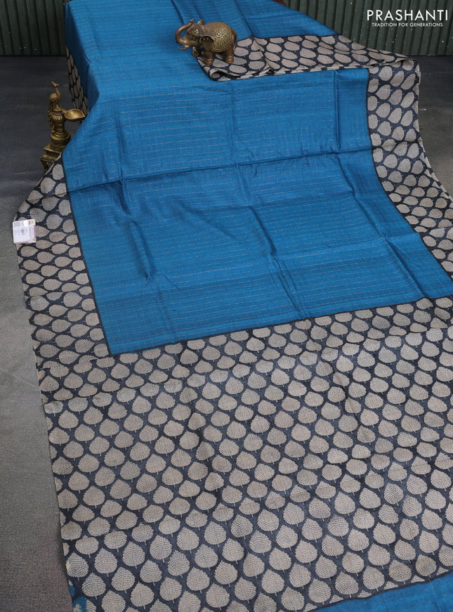 Pure tussar silk saree blue and black with allover zari checked pattern and printed butta border