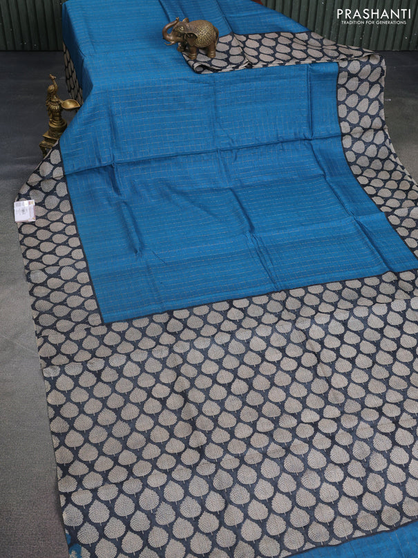 Pure tussar silk saree blue and black with allover zari checked pattern and printed butta border