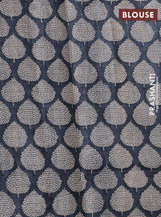 Pure tussar silk saree blue and black with allover zari checked pattern and printed butta border