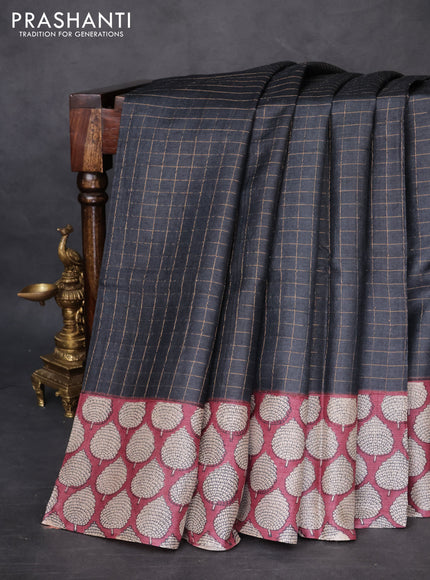 Pure tussar silk saree black and maroon with allover zari checked pattern and printed butta border