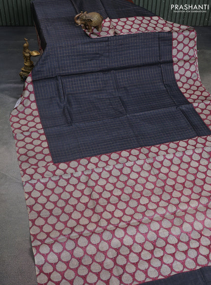 Pure tussar silk saree black and maroon with allover zari checked pattern and printed butta border