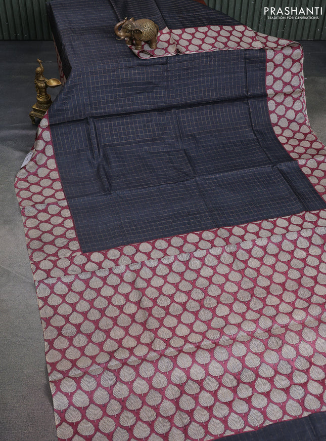 Pure tussar silk saree black and maroon with allover zari checked pattern and printed butta border