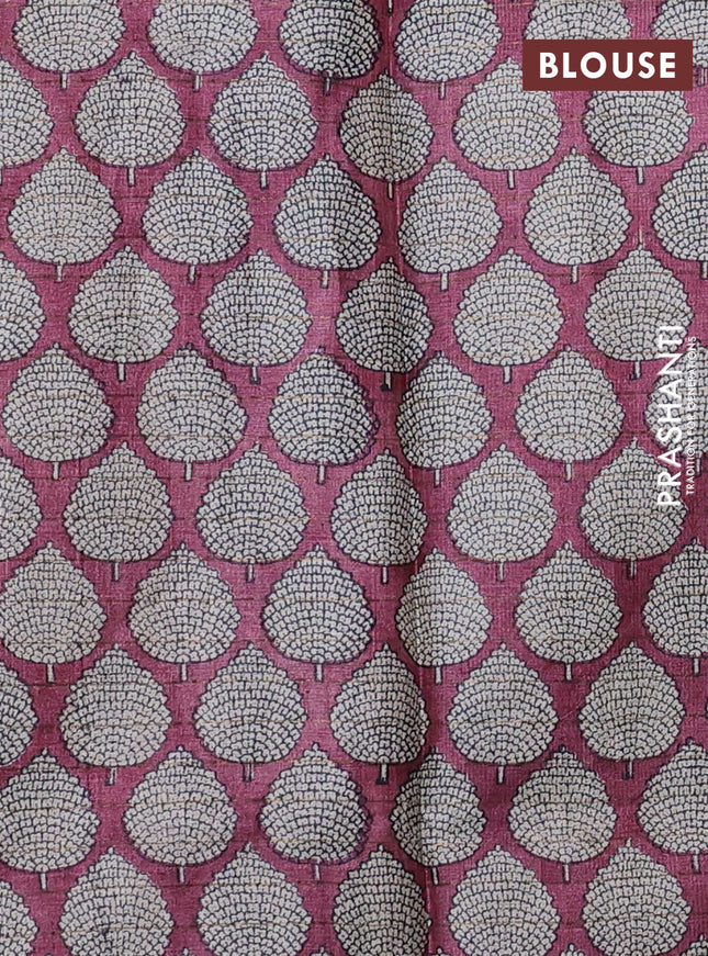 Pure tussar silk saree black and maroon with allover zari checked pattern and printed butta border