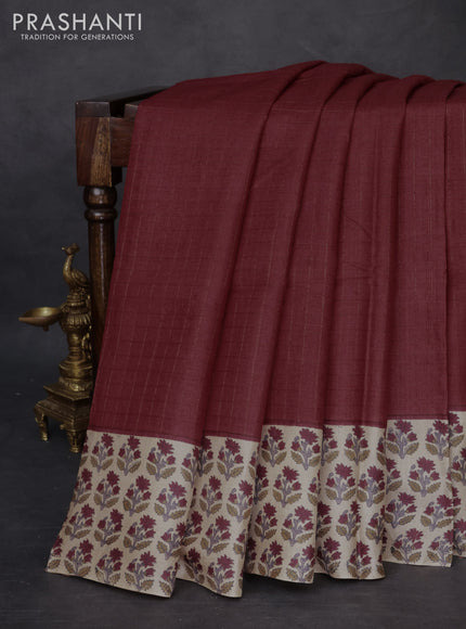 Pure tussar silk saree maroom and beige with allover zari checked pattern and floral printed butta border