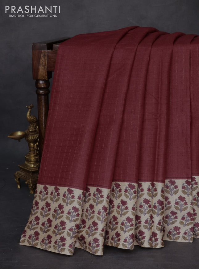 Pure tussar silk saree maroom and beige with allover zari checked pattern and floral printed butta border