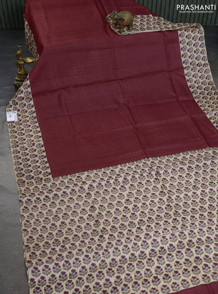 Pure tussar silk saree maroom and beige with allover zari checked pattern and floral printed butta border
