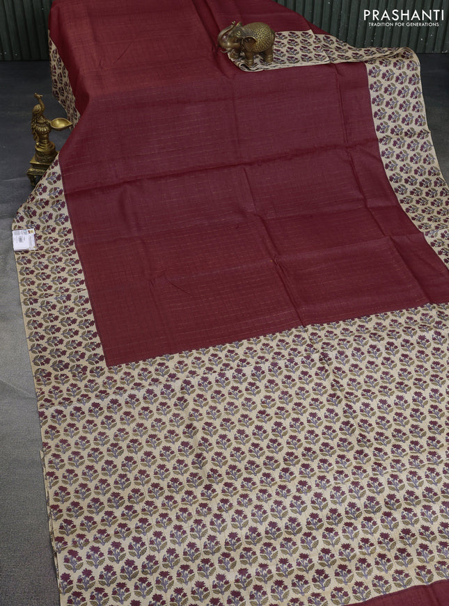 Pure tussar silk saree maroom and beige with allover zari checked pattern and floral printed butta border