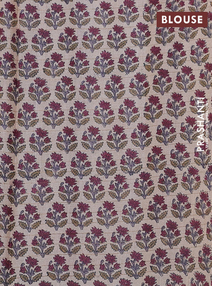 Pure tussar silk saree maroom and beige with allover zari checked pattern and floral printed butta border