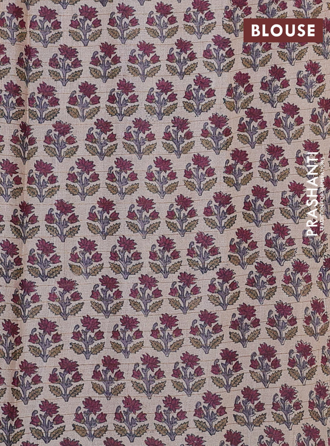 Pure tussar silk saree maroom and beige with allover zari checked pattern and floral printed butta border