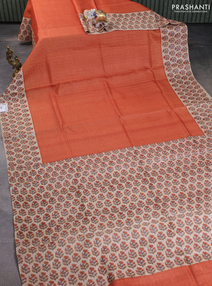 Pure tussar silk saree rust shade and beige with allover zari checked pattern and floral printed butta border