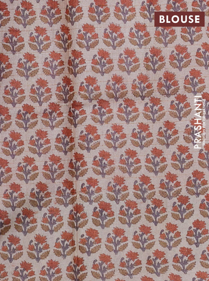 Pure tussar silk saree rust shade and beige with allover zari checked pattern and floral printed butta border