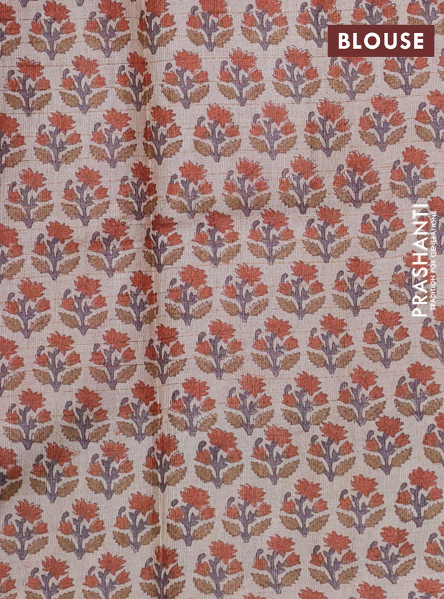 Pure tussar silk saree rust shade and beige with allover zari checked pattern and floral printed butta border