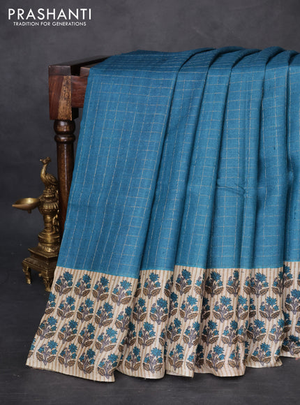 Pure tussar silk saree peacock blue and beige with allover zari checked pattern and floral printed butta border