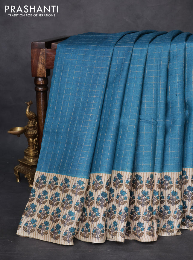 Pure tussar silk saree peacock blue and beige with allover zari checked pattern and floral printed butta border