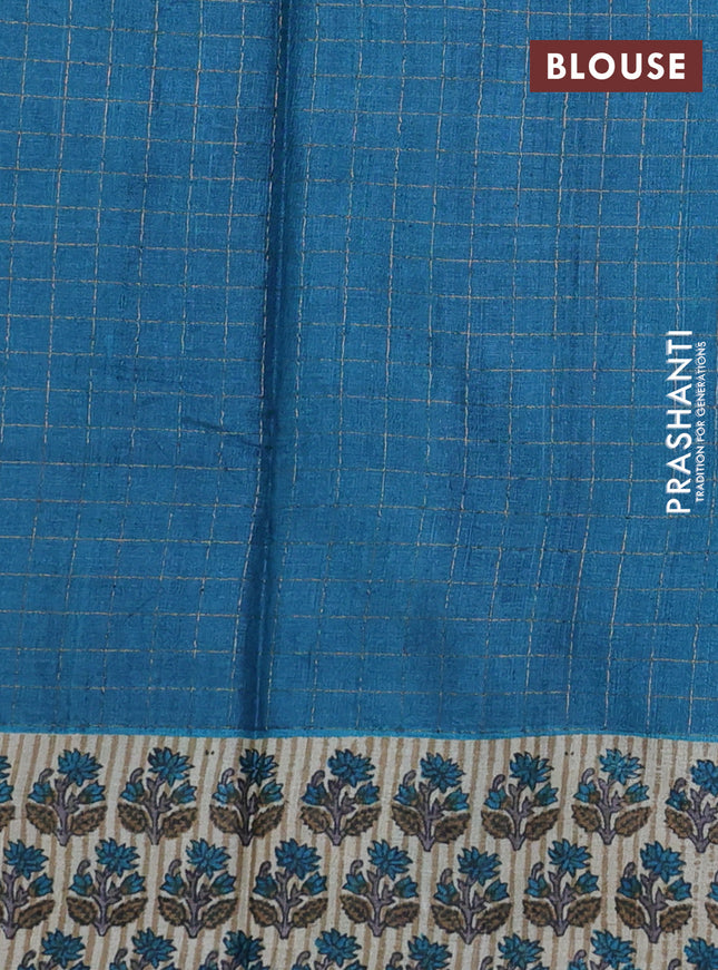 Pure tussar silk saree peacock blue and beige with allover zari checked pattern and floral printed butta border