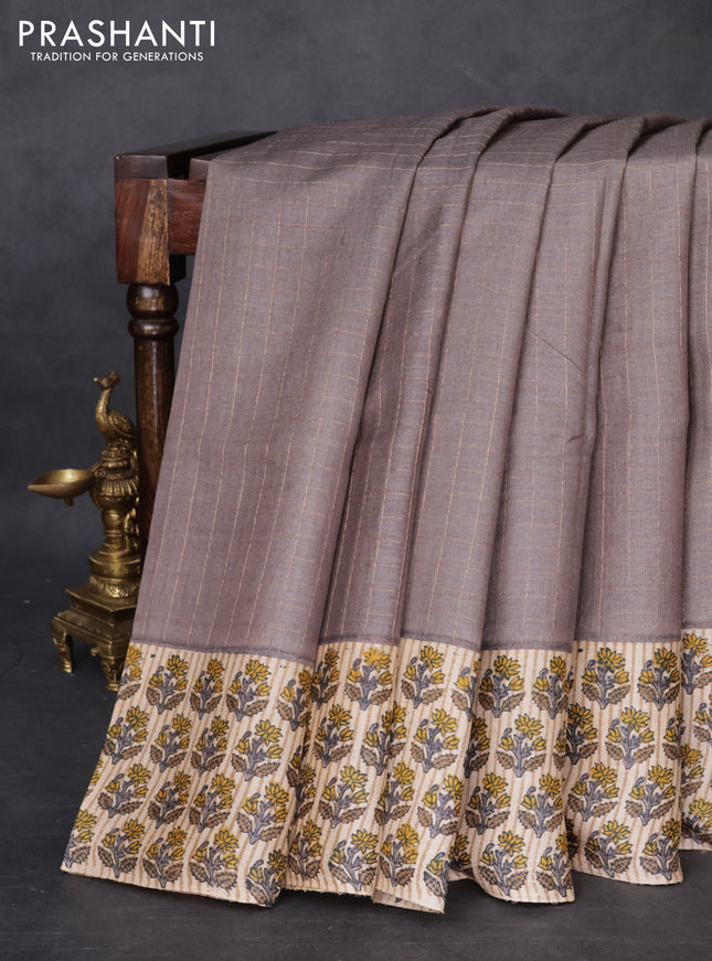 Pure tussar silk saree grey and beige with allover zari checked pattern and floral printed butta border