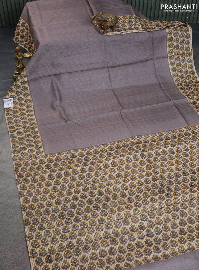 Pure tussar silk saree grey and beige with allover zari checked pattern and floral printed butta border