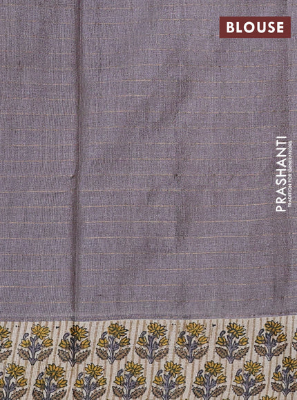 Pure tussar silk saree grey and beige with allover zari checked pattern and floral printed butta border