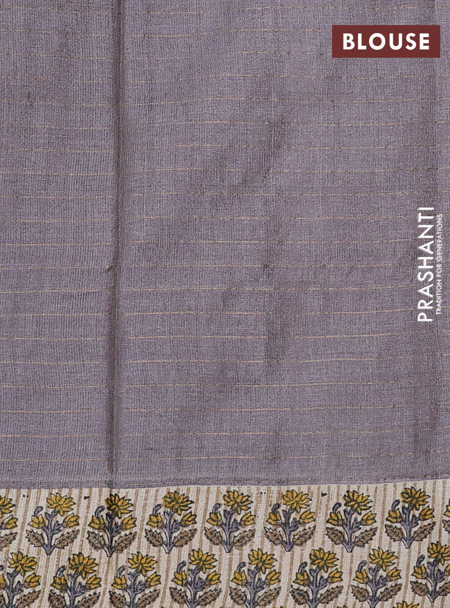 Pure tussar silk saree grey and beige with allover zari checked pattern and floral printed butta border