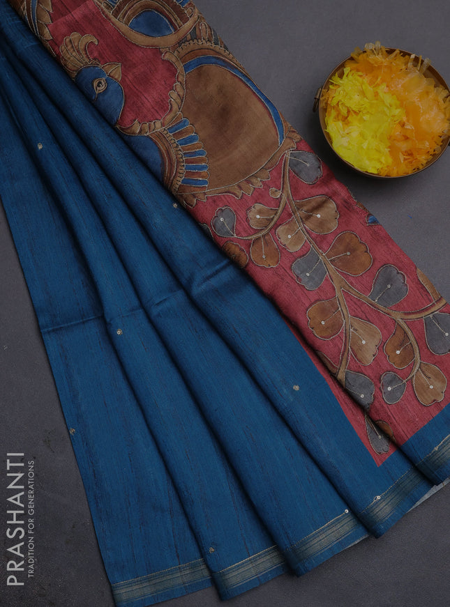 Semi tussar saree cs blue and maroon with embroidery buttas and kalamkari prints & pita work pallu