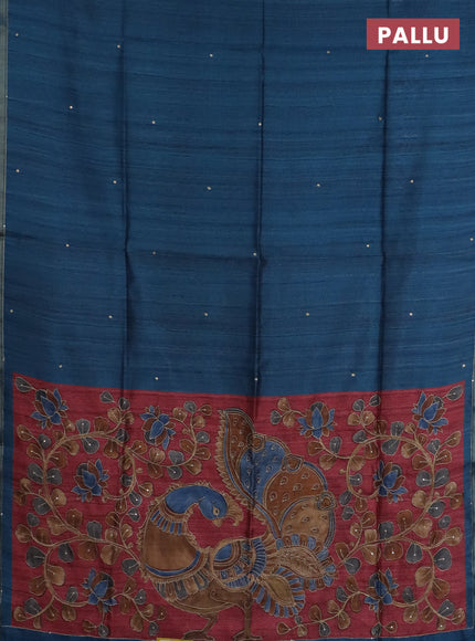 Semi tussar saree cs blue and maroon with embroidery buttas and kalamkari prints & pita work pallu