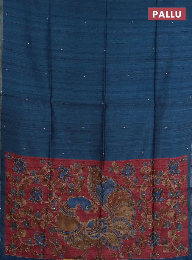 Semi tussar saree cs blue and maroon with embroidery buttas and kalamkari prints & pita work pallu
