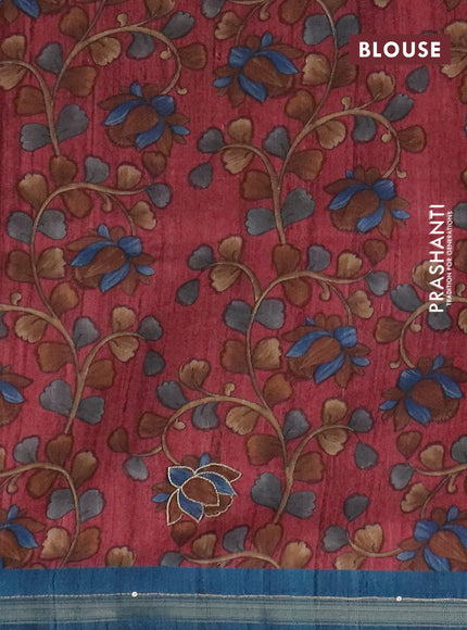 Semi tussar saree cs blue and maroon with embroidery buttas and kalamkari prints & pita work pallu