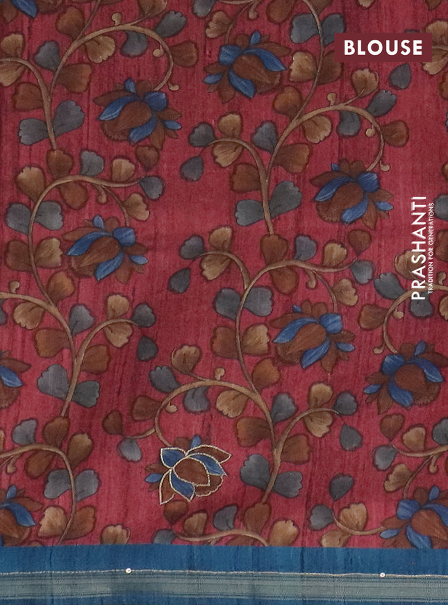 Semi tussar saree cs blue and maroon with embroidery buttas and kalamkari prints & pita work pallu