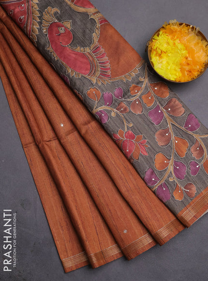 Semi tussar saree rust shade and grey with embroidery buttas and kalamkari prints & pita work pallu