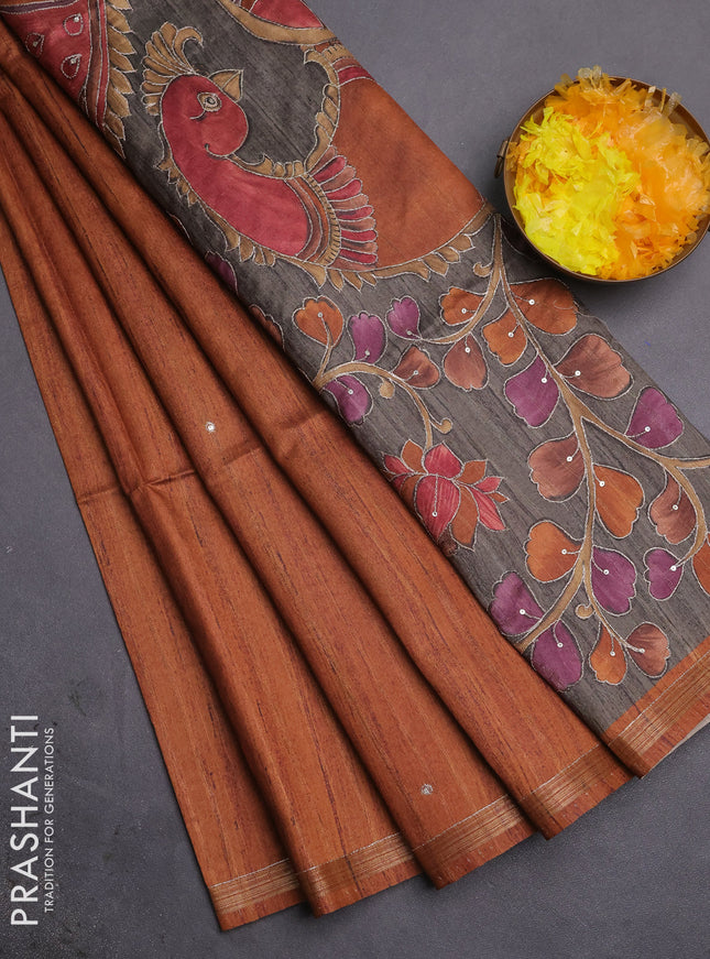 Semi tussar saree rust shade and grey with embroidery buttas and kalamkari prints & pita work pallu
