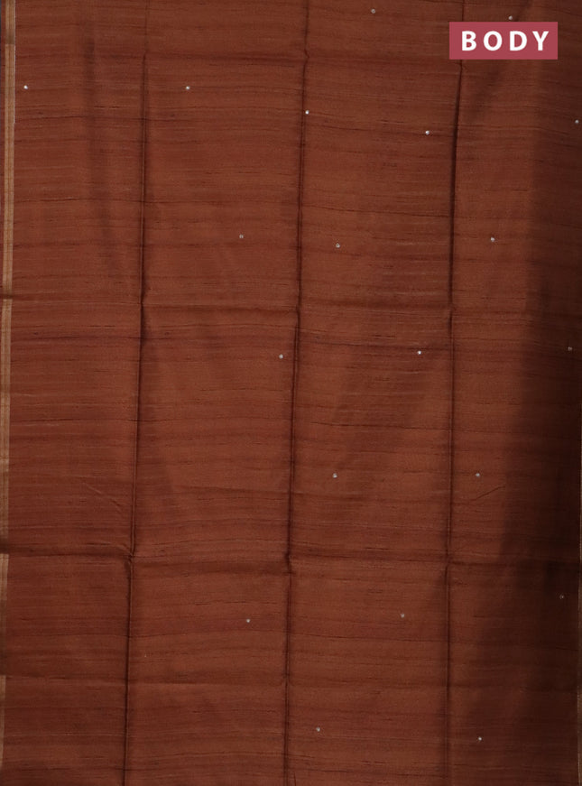 Semi tussar saree rust shade and grey with embroidery buttas and kalamkari prints & pita work pallu