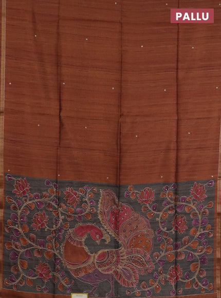 Semi tussar saree rust shade and grey with embroidery buttas and kalamkari prints & pita work pallu