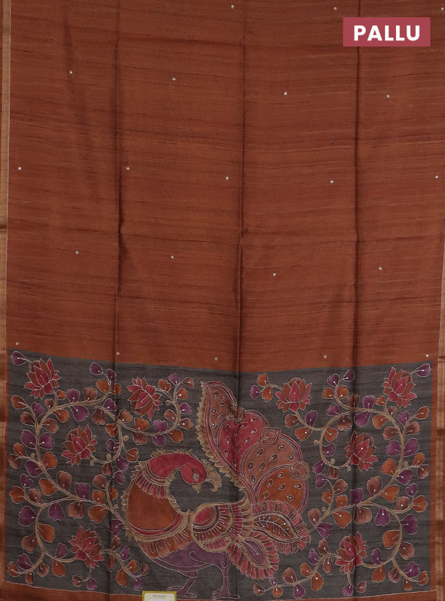 Semi tussar saree rust shade and grey with embroidery buttas and kalamkari prints & pita work pallu