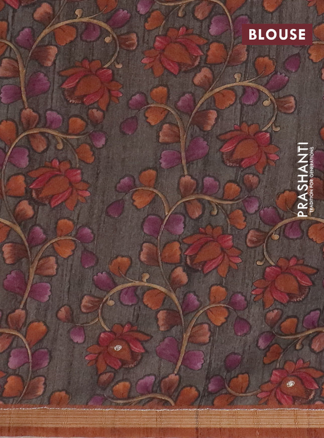 Semi tussar saree rust shade and grey with embroidery buttas and kalamkari prints & pita work pallu