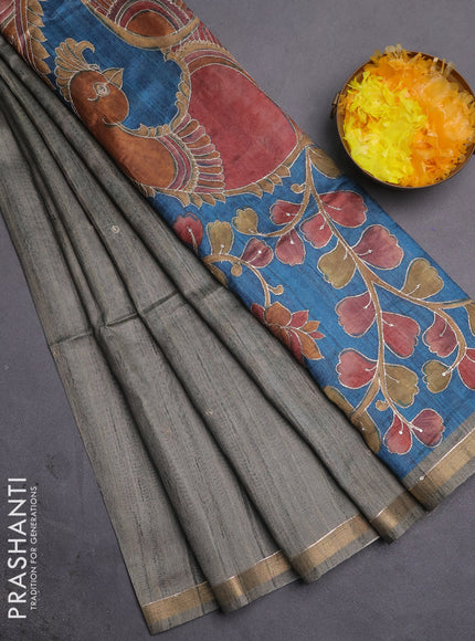 Semi tussar saree grey and cs blue with embroidery buttas and kalamkari prints & pita work pallu
