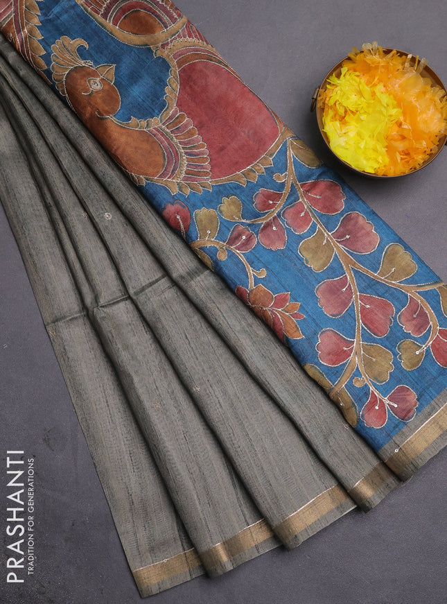 Semi tussar saree grey and cs blue with embroidery buttas and kalamkari prints & pita work pallu